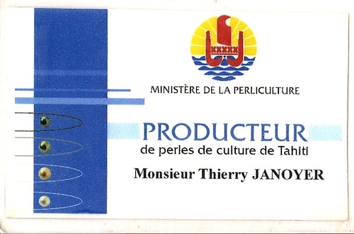 La carte professionelle de producteur de perles de Tahiti